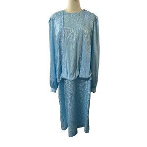 1980s Vintage Light‎ Blue Dress Satin Fanfare Size 20 Drop Waist Long Sleeve